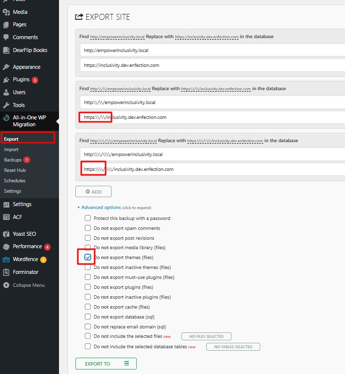 All-in-One Migration Export Settings